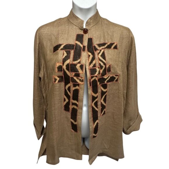 Cassowary Philadelphia XL 100% Linen Tan Embroidered Jacket Tunic Artsy Boho - Picture 1 of 9